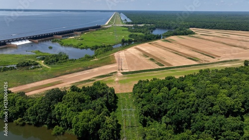 Santee River Dam on Lake Marion, South Carolina, Aerial drone view of electric power lines