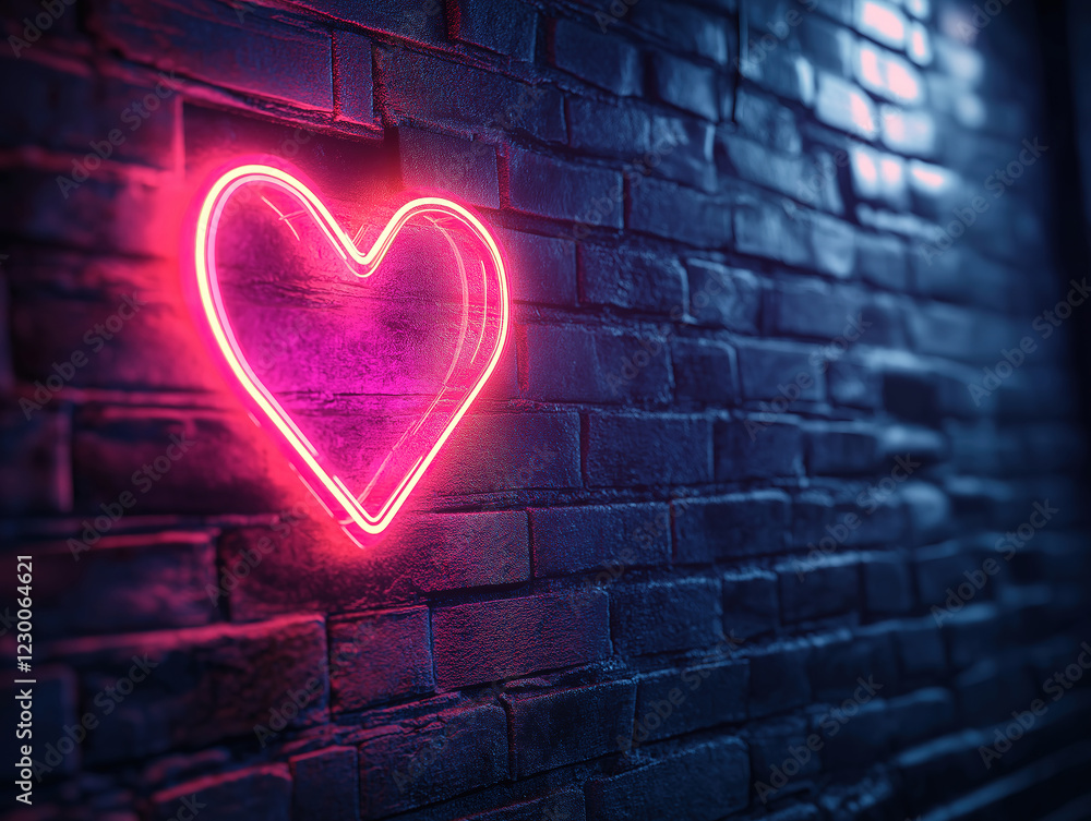 Neon heart light radiating warmth on a rustic dark brick wall Neon heart light radiating warmth on a rustic dark brick wall