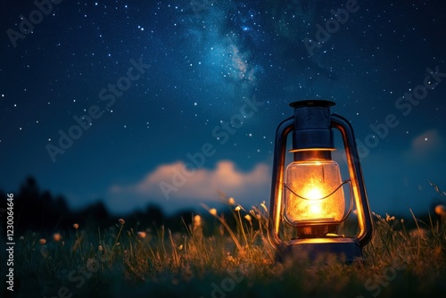 Vintage Lantern in a Field Under the Starry Night Sky Illuminated by the Milky Way
