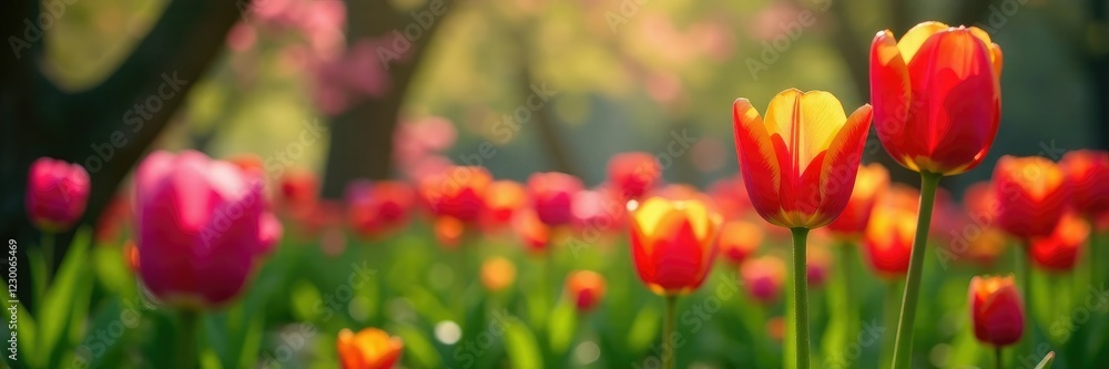 Colorful tulip flowers blooming in a tree's branches, garden, tulips, trees Colorful tulip flowers blooming in a tree's branches, garden, tulips, trees