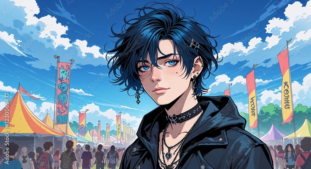 teen male confident messy dark blue hair gothic outfit at a lively festival illustration anime cartoon background teen male confident messy dark blue hair gothic outfit at a lively festival illustration anime cartoon background