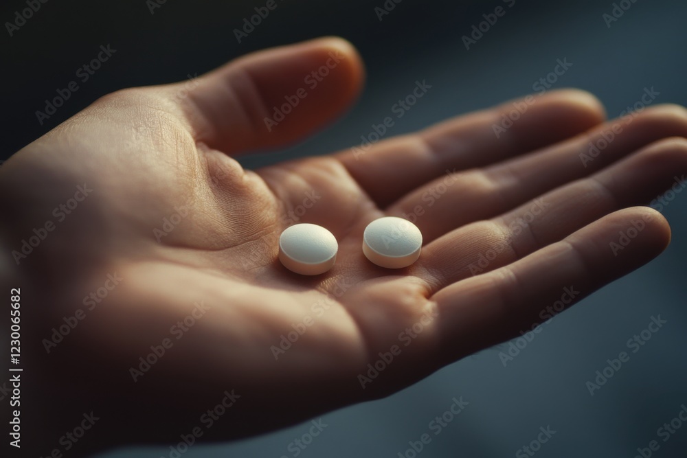 Close-up of hand holding two white pills Close-up of hand holding two white pills