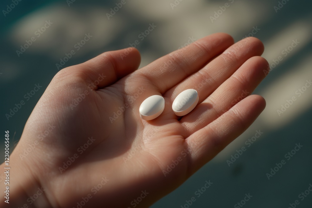 Close-up of hand holding two white pills with natural light Close-up of hand holding two white pills with natural light