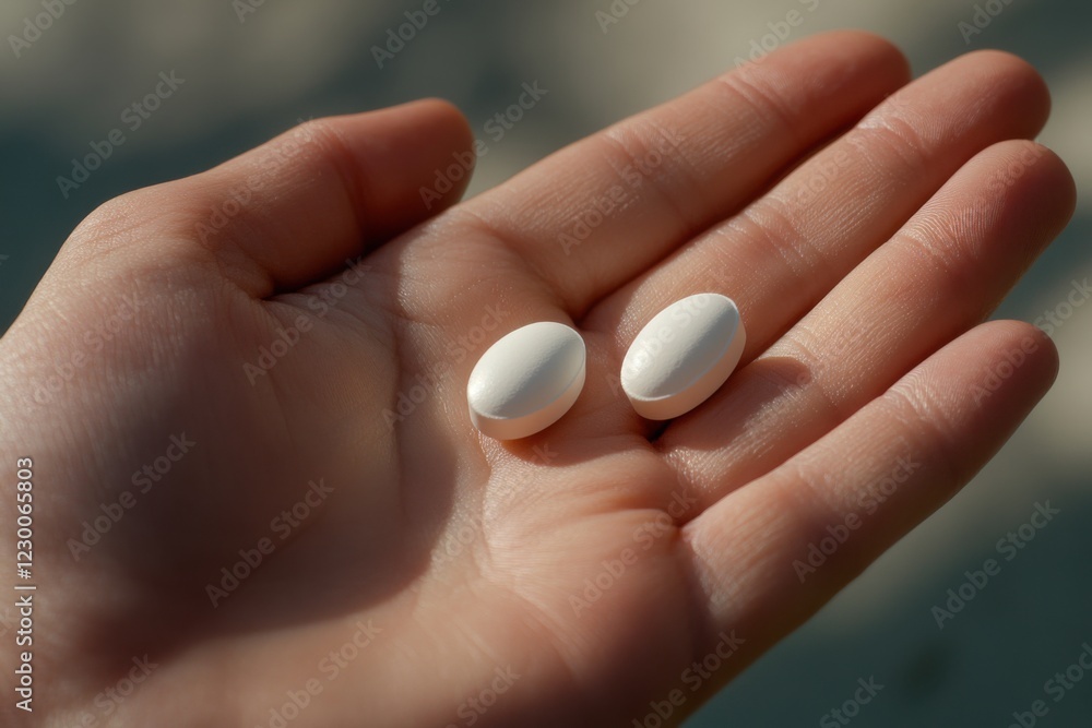 Hand holding two white pills in close-up view Hand holding two white pills in close-up view