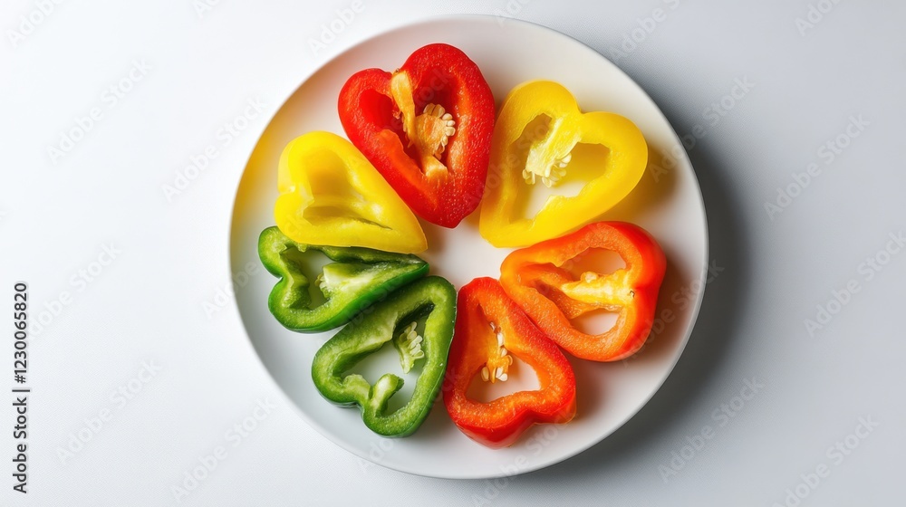 A minimalist plate of sliced bell peppers in various colors, neatly arranged in a circular pattern on a plain white ceramic plate, Bell peppers centered A minimalist plate of sliced bell peppers in various colors, neatly arranged in a circular pattern on a plain white ceramic plate, Bell peppers centered