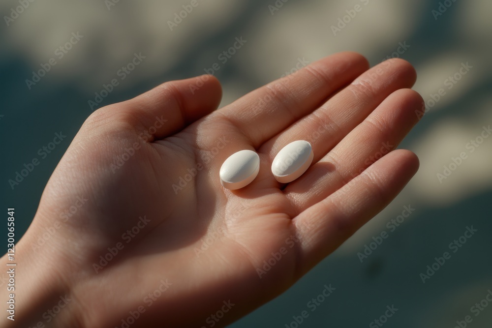 Close-up of hand holding two white pills in natural light Close-up of hand holding two white pills in natural light