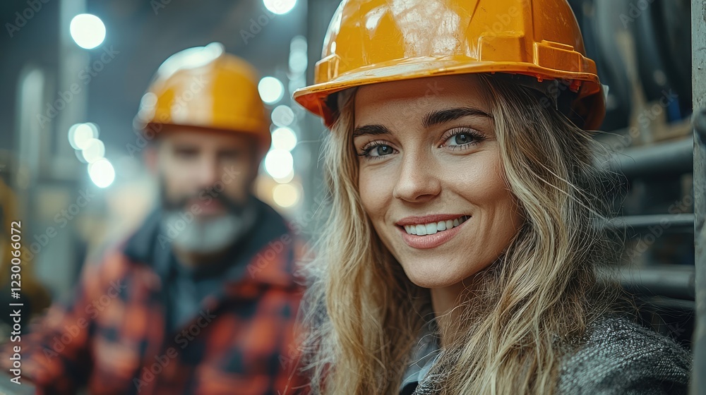 Female Construction Worker Smiling with Hard Hat in Industrial Setting Female Construction Worker Smiling with Hard Hat in Industrial Setting