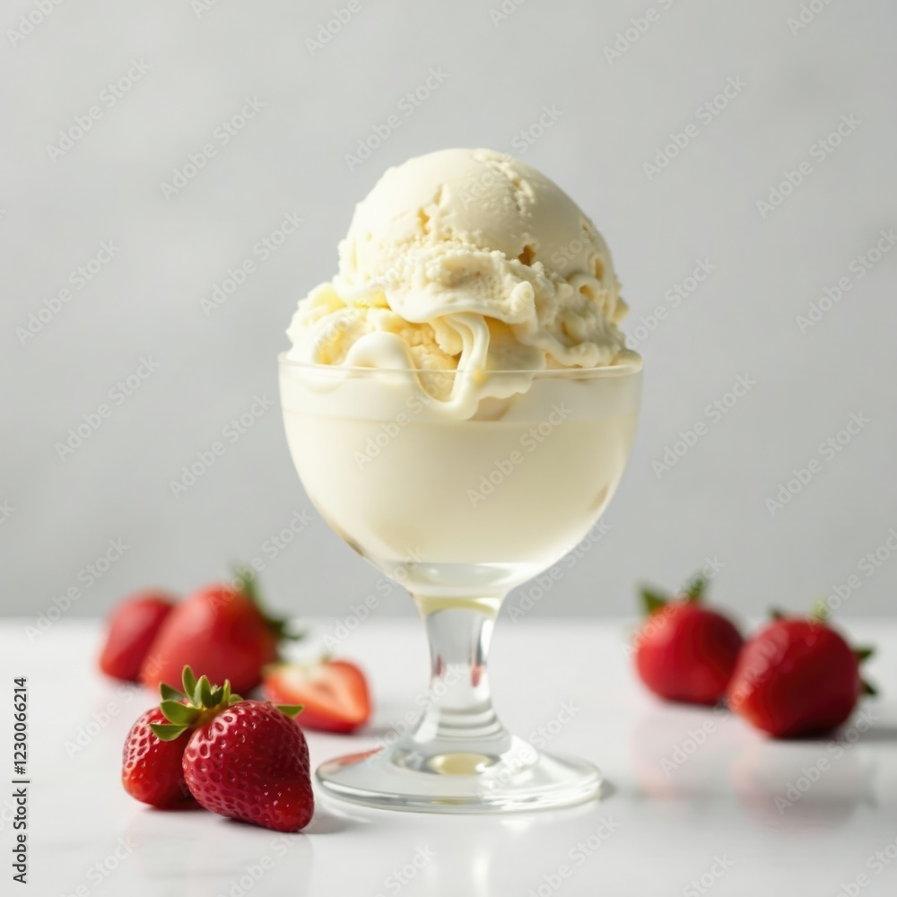 Creamy white Italian ice cream filling a large glass goblet, goblet, creamy, ice cream container