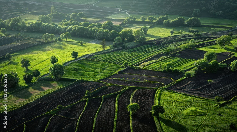Fototapeta premium Aerial view of lush green farmland with varying crop patterns and winding paths under soft sunlight