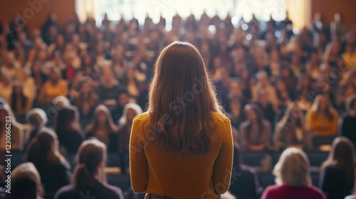 A motivational seminar for women empowerment, a female speaker on stage with a packed audience of inspired women photo