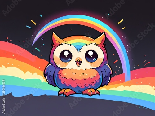 Rainbow Owl: A whimsical digital illustration of a cute, colorful owl perched beneath a vibrant rainbow. photo