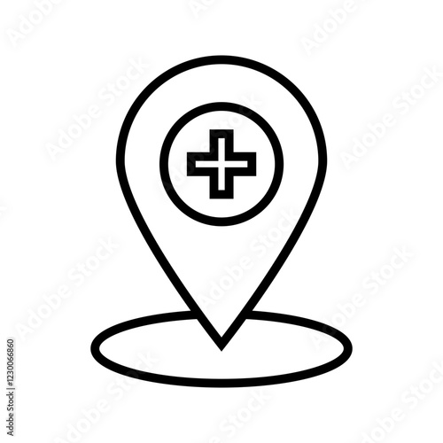 hospital location map pointer, cross icon with location pin, black filled symbol isolated on white background, vector marker, first aid sign