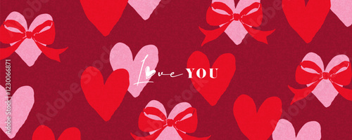 Creative concept of Happy Valentines Day web banner. Modern abstract art design with hearts, bows and modern typography. Template for celebration, ads, branding, gift card, cover, label, poster, sales