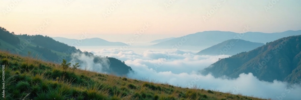 Obraz premium Soft wisps of fog float above a serene landscape , misty, abstract background, fog