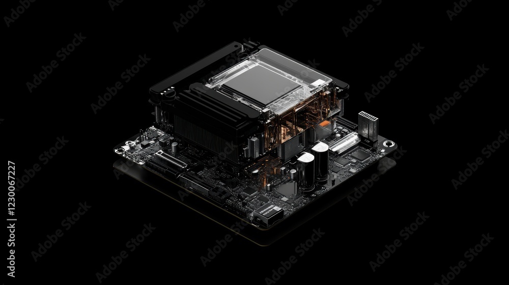 Macro perspective on cpu technology high fidelity exploded view with black background Macro perspective on cpu technology high fidelity exploded view with black background