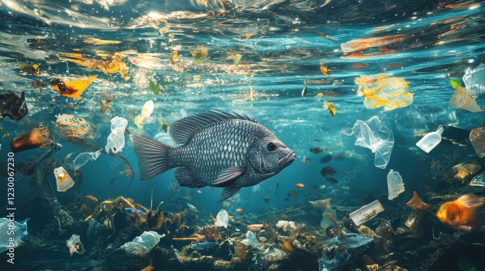 A powerful image of fish swimming through polluted waters, with oil slicks and plastic debris floating