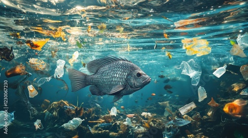Obraz na płótnie A powerful image of fish swimming through polluted waters, with oil slicks and plastic debris floating w salonie