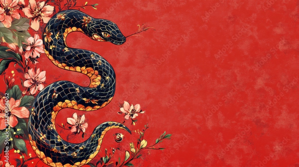 Obraz premium Snake design with floral patterns on red backdrop.