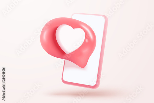 3D social media online platform concept, online social communication on applications, Photo frame with heart and love emoji icon, like and play in red bubble icons. 3d heart vector render concept