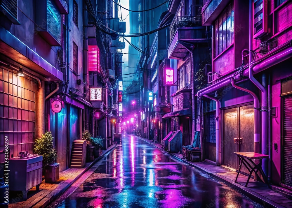 Fototapeta premium Cyberpunk Tokyo Night Alleys: 3D Anime Illustration, Magenta & Purple Neon Lights, High Depth of Field