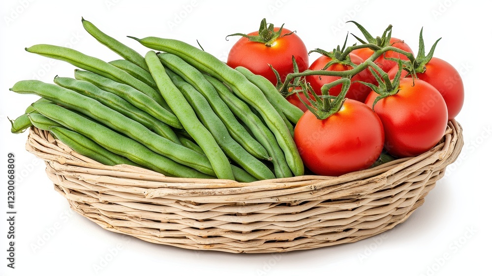 Fresh Vegetables in a Woven Basket with Juicy Tomatoes and Crisp Green Beans Fresh Vegetables in a Woven Basket with Juicy Tomatoes and Crisp Green Beans