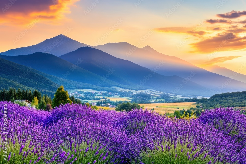 A vibrant lavender field at sunset, surrounded by majestic mountains and a picturesque valley, showcasing nature's beauty and tranquility. A vibrant lavender field at sunset, surrounded by majestic mountains and a picturesque valley, showcasing nature's beauty and tranquility.