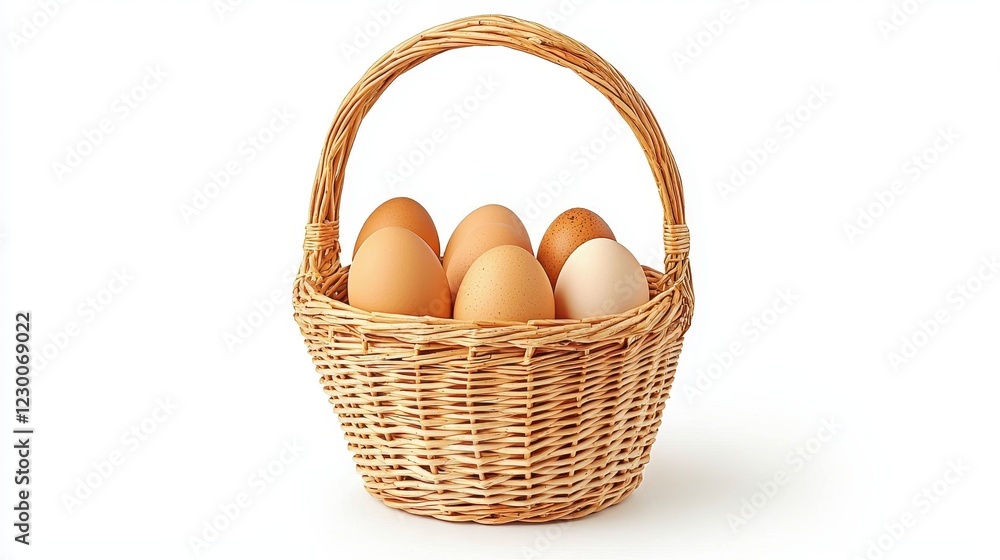 Fresh Eggs in a Rustic Woven Basket on a Clean Bright Background