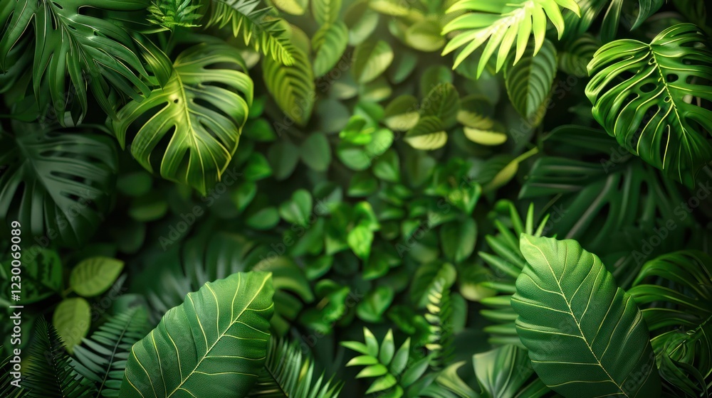 Fototapeta premium Lush green foliage with various tropical leaves creating a vibrant natural backdrop