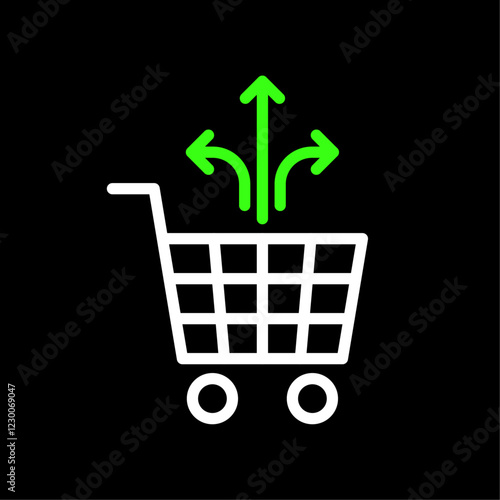 Cross sell, shopping cart and three arrows, cross selling concept vector icon in line style design for website, app, UI, isolated on black background. Editable stroke. Vector illustration.