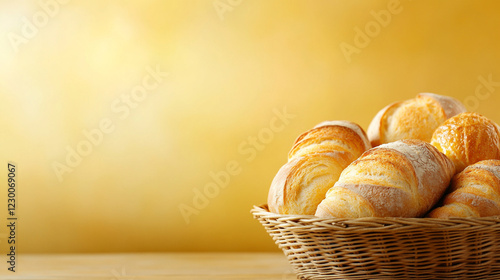 Freshly baked croissants in a basket on a golden background. photo