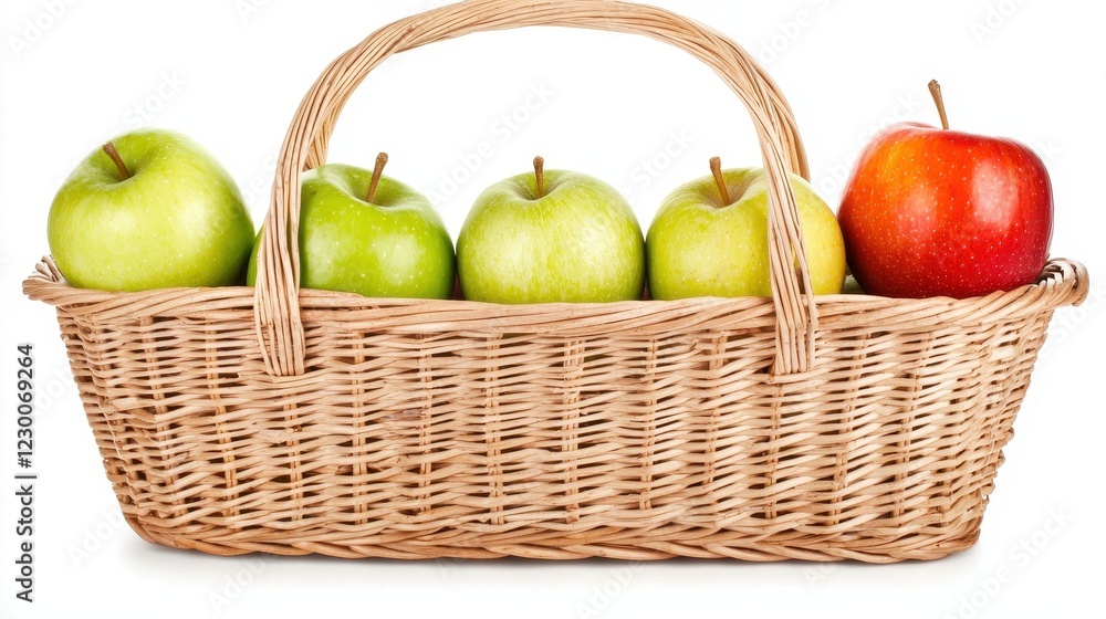 Fresh Green Apples and One Red Apple in a Woven Basket on a White Background Fresh Green Apples and One Red Apple in a Woven Basket on a White Background