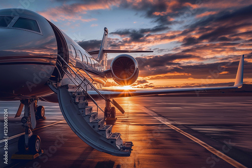 private plane in the airfield parking lot, at sunset, golden hour, no people,