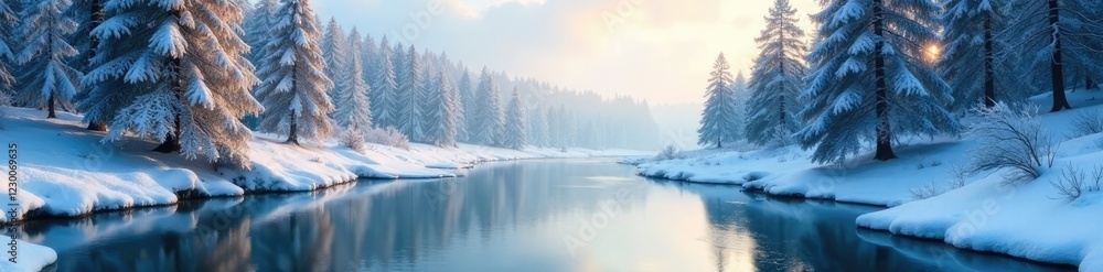 Frosty landscape with pine trees on the banks of a frozen river on a cold winter morning, snowy, forest Frosty landscape with pine trees on the banks of a frozen river on a cold winter morning, snowy, forest
