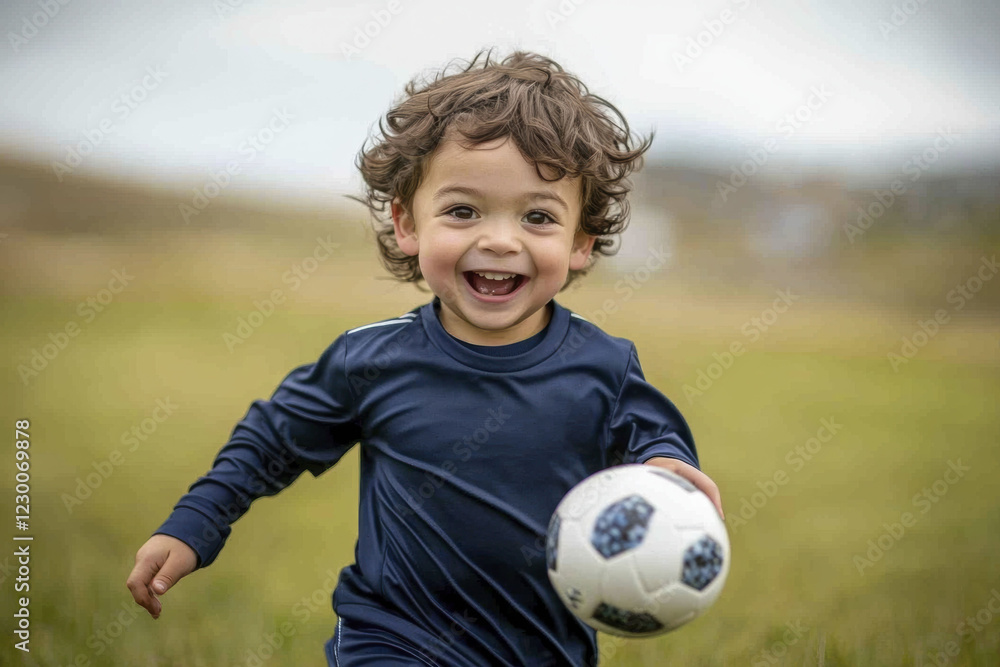 Joyful toddler playing soccer outdoors with a big smile in a field Joyful toddler playing soccer outdoors with a big smile in a field