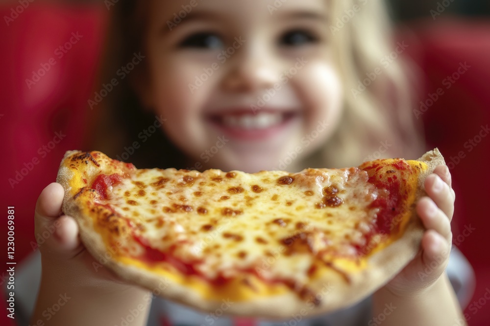 Smiling child holding a slice of cheese pizza with happiness and joy Smiling child holding a slice of cheese pizza with happiness and joy
