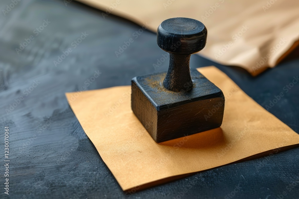 Old wooden stamp standing on a blank brown paper on a black table Old wooden stamp standing on a blank brown paper on a black table