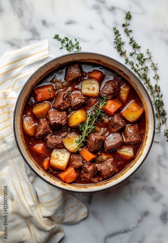 meat goulash with potatoes and carrots, sweet peppers, in a saucepan, top view, traditional Hungarian soup, homemade, no people,