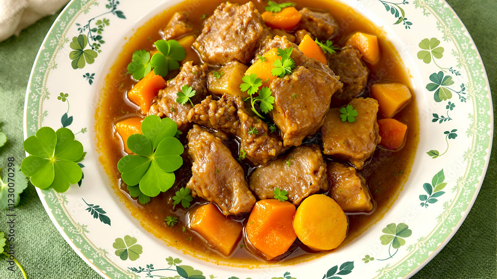 Appetising Irish stew for St Patrick's Day in a plate with lamb, beef, potatoes and carrots, top view, selective focus Appetising Irish stew for St Patrick's Day in a plate with lamb, beef, potatoes and carrots, top view, selective focus