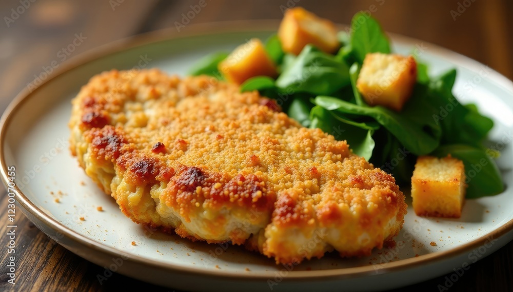 Juicy fried chicken chop with wilted mixed greens and croutons, served on a ceramic plate, fried, juicy Juicy fried chicken chop with wilted mixed greens and croutons, served on a ceramic plate, fried, juicy