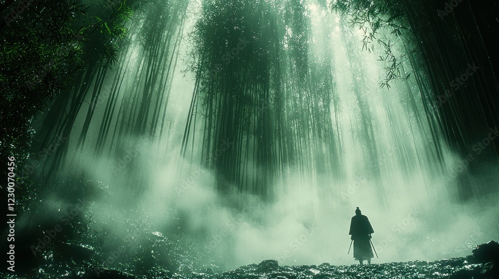 Obraz premium Samurai Stands Alone in Misty Bamboo Forest