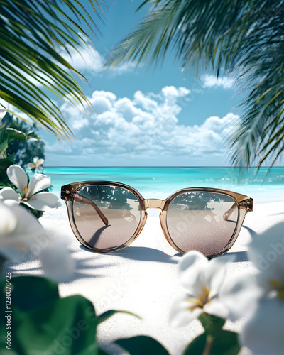 Fototapeta Naklejka Na Ścianę i Meble -  Summer Vacation - Accessories In Tropical Beach With Defocused Ocean, Summer Background	