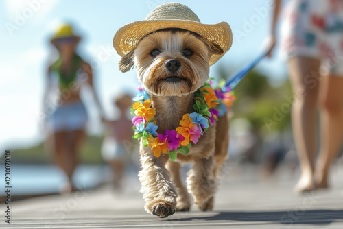 Small dog enjoying a summer stroll wearing a colorful hawaiian lei and sun hat photo