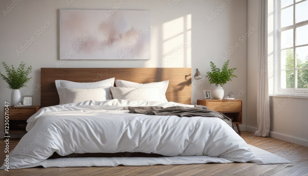 Fototapeta premium Peaceful bedroom with a large white duvet on a cozy bed, bedroom, tranquility, relaxation