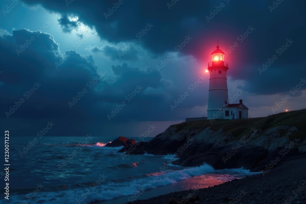 Fototapeta premium Lighthouse beam shines through the darkness as stormy clouds gather in the sky, night, sea