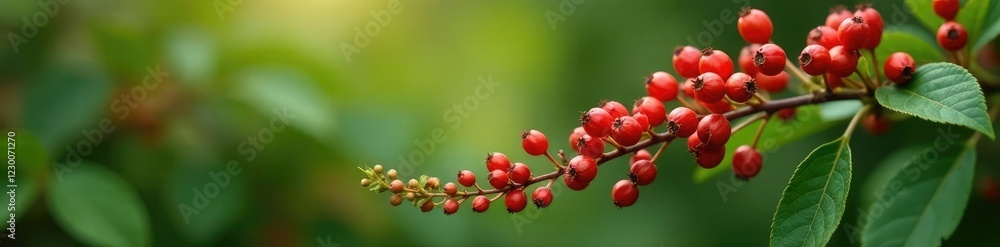 Long stems with clusters of red berries and green leaves, flowering plants, botanical garden, botany Long stems with clusters of red berries and green leaves, flowering plants, botanical garden, botany