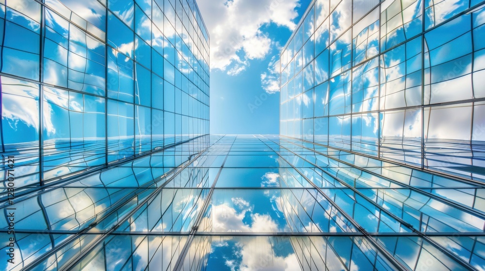 A low-angle view of tall glass skyscrapers reflecting the blue sky and white clouds.
A low-angle view of tall glass skyscrapers reflecting the blue sky and white clouds.