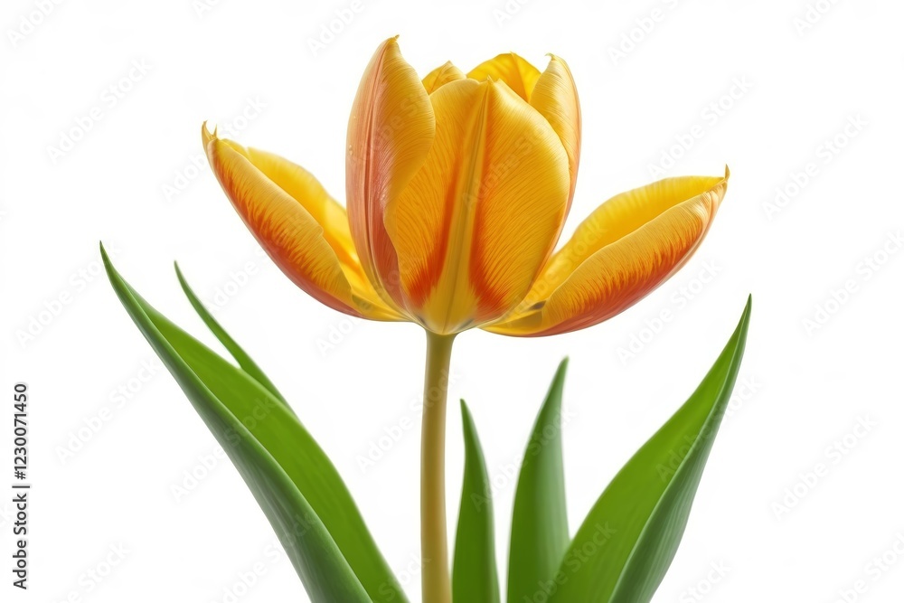 there is a yellow tulip with green leaves in a vase