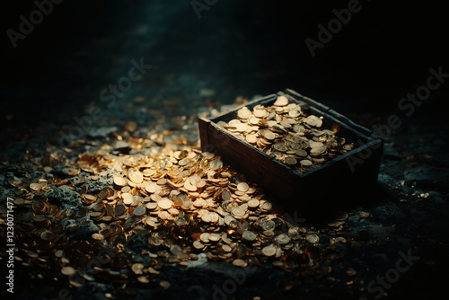 A wooden chest overflows with gold coins. photo