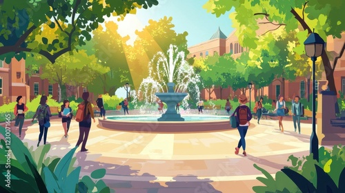 A vibrant college campus background with students walking along pathways, trees swaying in the breeze, and a central fountain sparkling under sunlight