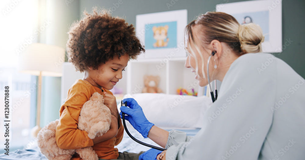 © peopleimages.com - Kid, doctor and stethoscope for healthcare exam, heart check up and cardiology in clinic. Pediatrician, lung and woman with child for breathing test, consultation and medical assessment for wellness